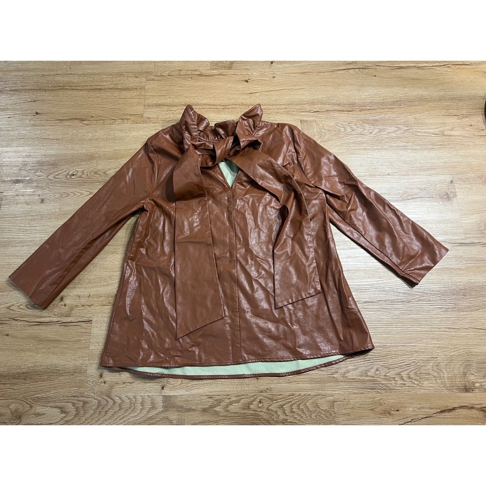 Tuckernuck Faux Leather Bow Tie Neck Blouse Cognac Brown Ruffle Collar Top L